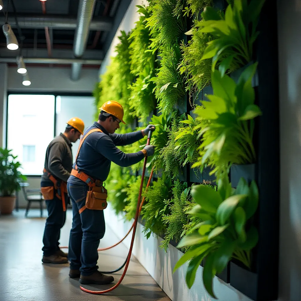 Professional team installing vertical garden